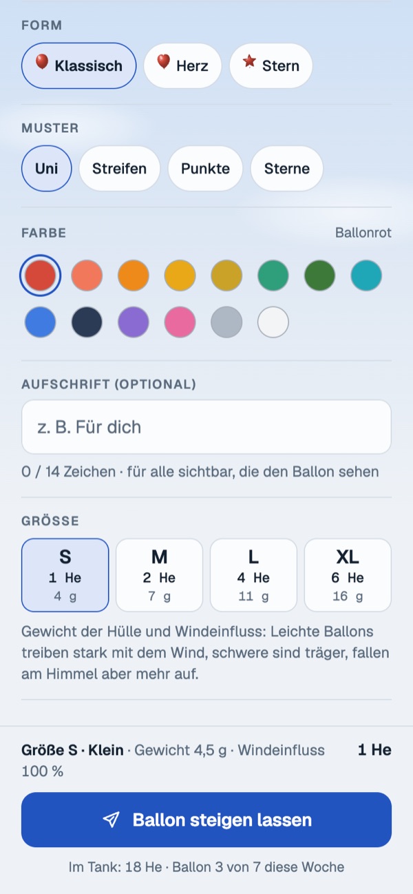 Größenauswahl mit Helium, Gewicht und Windeinfluss