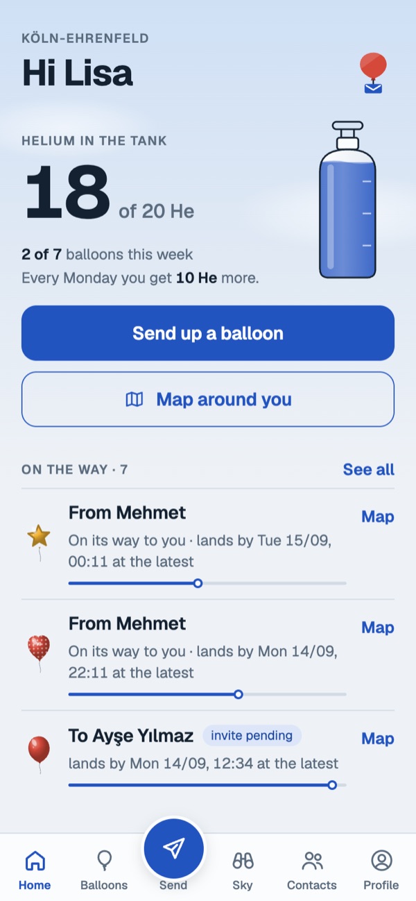 Home screen with the helium tank and balloons on their way