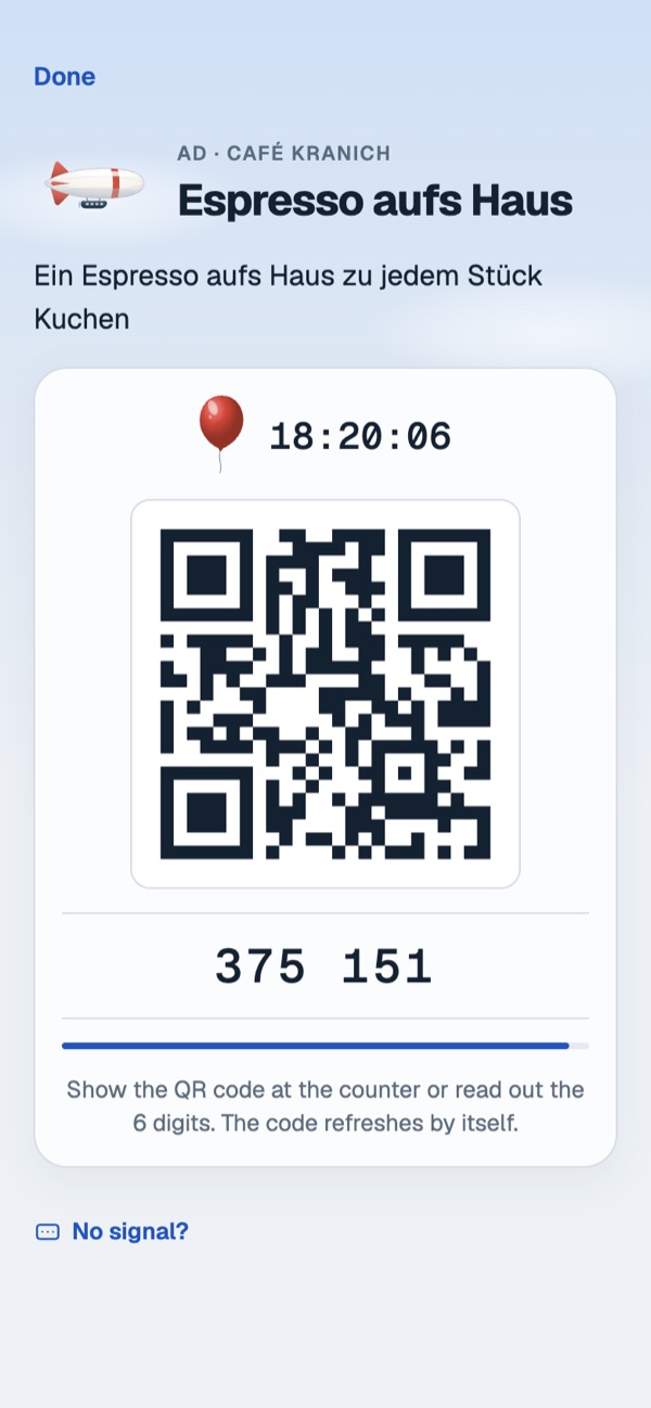 Redeem screen in the app with a QR code, a 6-digit code and a live clock