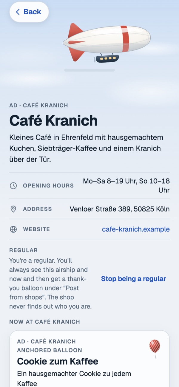 Café Kranich's page in the app with the anchor balloon Cookie with your coffee