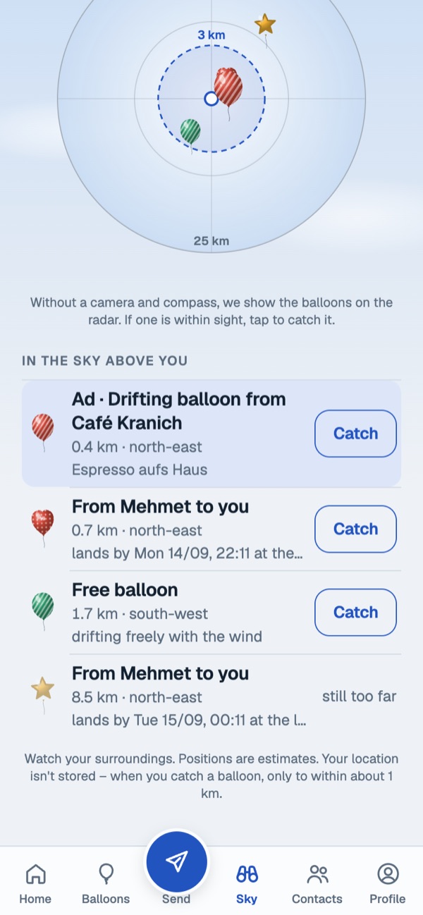 Sky tab with a radar and a list of nearby balloons, including a drifting balloon from Café Kranich