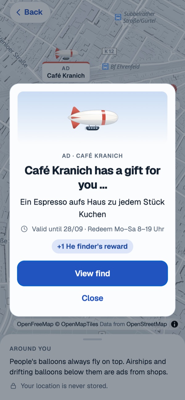 A find in the app: Café Kranich treats you to an espresso with your cake, plus 1 He as a finder's reward