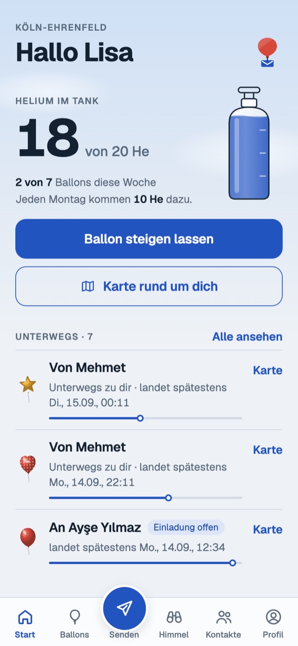 Startbildschirm mit Heliumtank und Ballons, die unterwegs sind