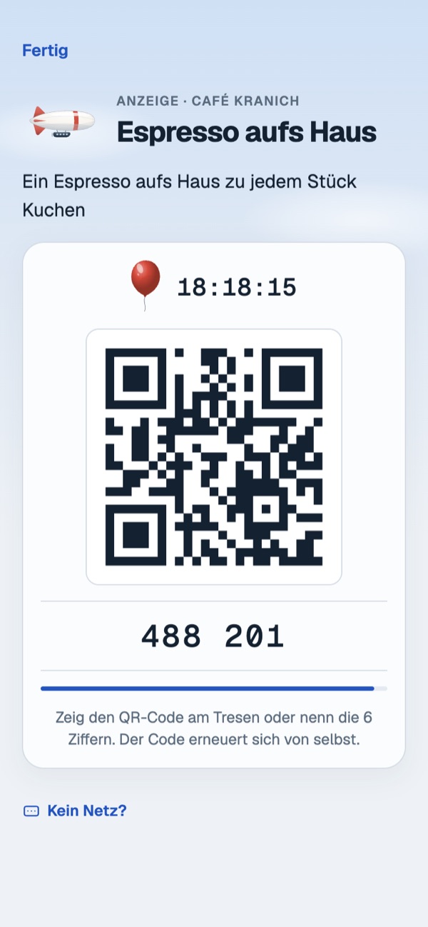 Einlöse-Ansicht in der App mit QR-Code, 6-stelligem Code und laufender Uhrzeit