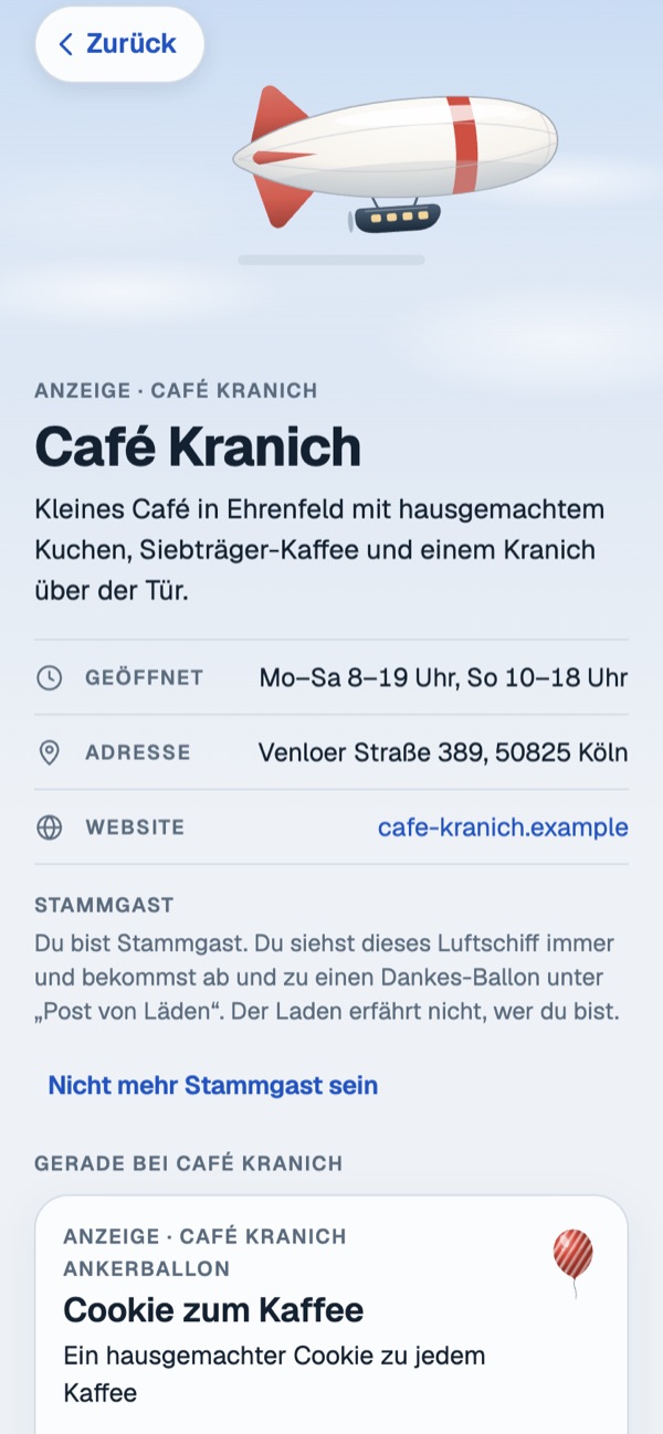 Seite von Café Kranich in der App mit dem Ankerballon Cookie zum Kaffee