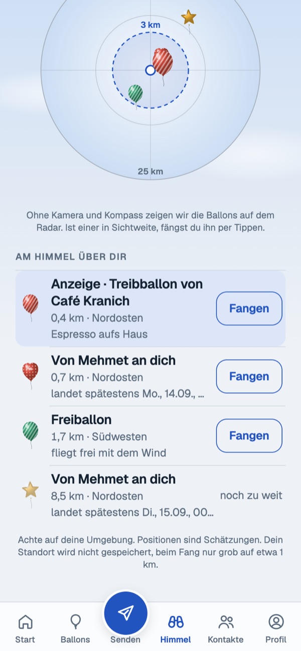 Himmel-Tab mit Radar und der Liste der Ballons in der Nähe, darunter ein Treibballon von Café Kranich