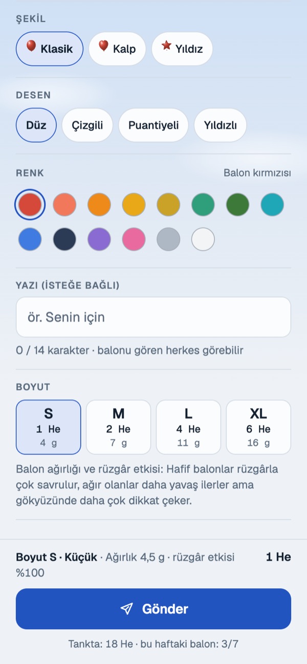 Helyum, ağırlık ve rüzgâr etkisini gösteren boyut seçimi