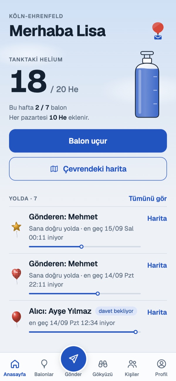 Helyum tankı ve yoldaki balonlarla ana ekran