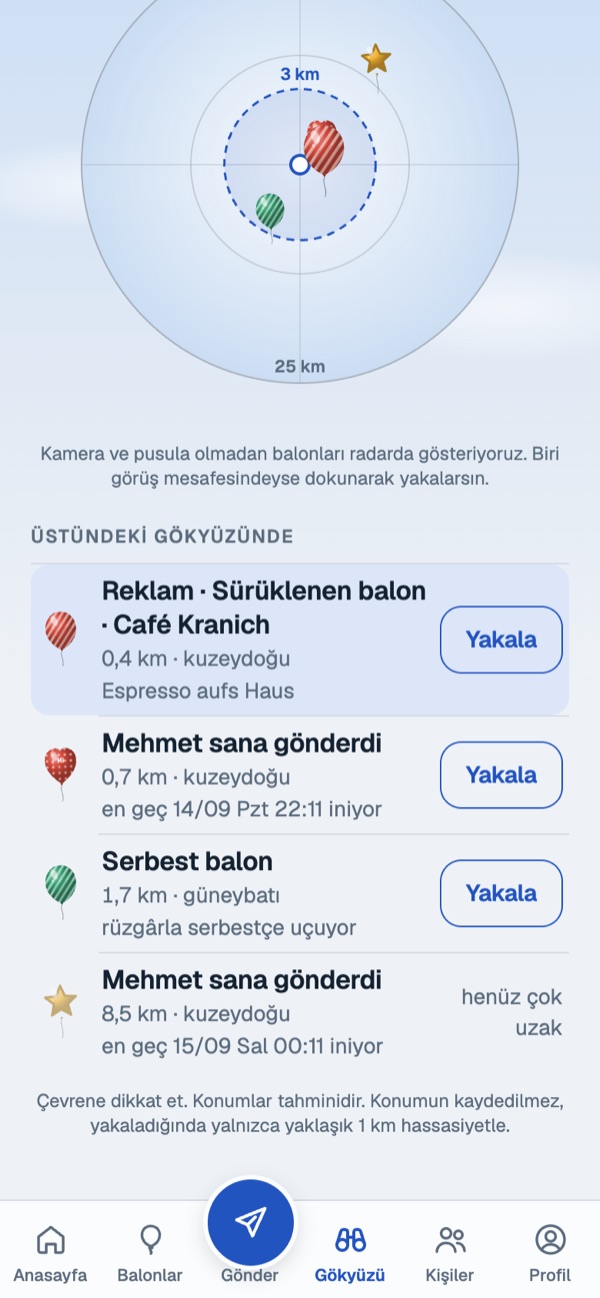 Radar ve yakındaki balonların listesiyle Gökyüzü sekmesi, listede bir işletmenin sürüklenen balonu da var