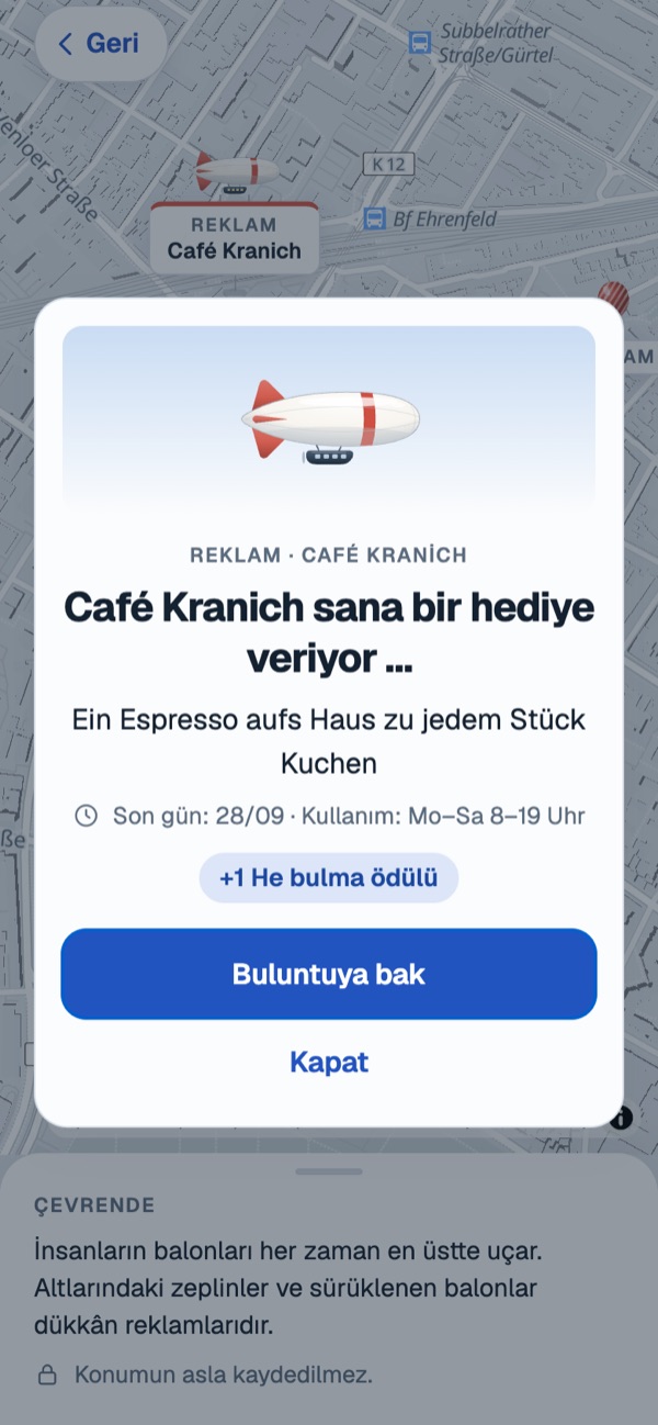 Uygulamada bir buluntu: Café Kranich pastanın yanına bir espresso ısmarlıyor, üstüne 1 He bulma ödülü