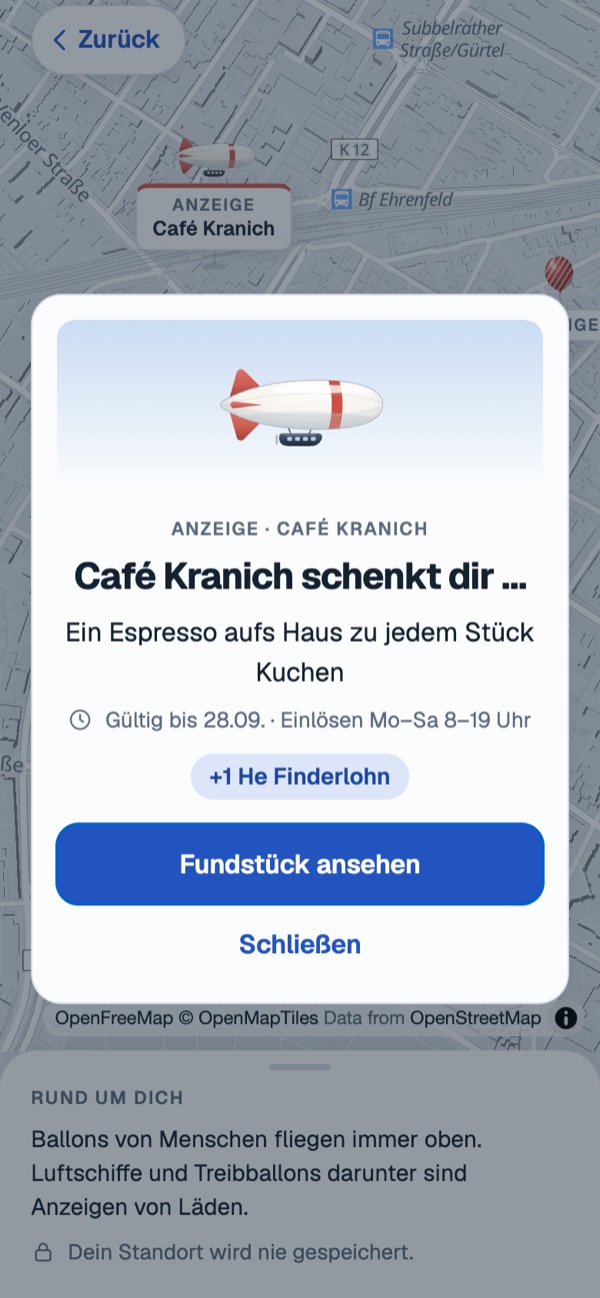Fund in der App: Café Kranich schenkt dir einen Espresso zum Kuchen, dazu 1 He Finderlohn